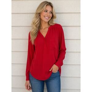 Anthropologie Pleione Red Blouse | Long Sleeve V-Neck Pocket Top | Size Large
